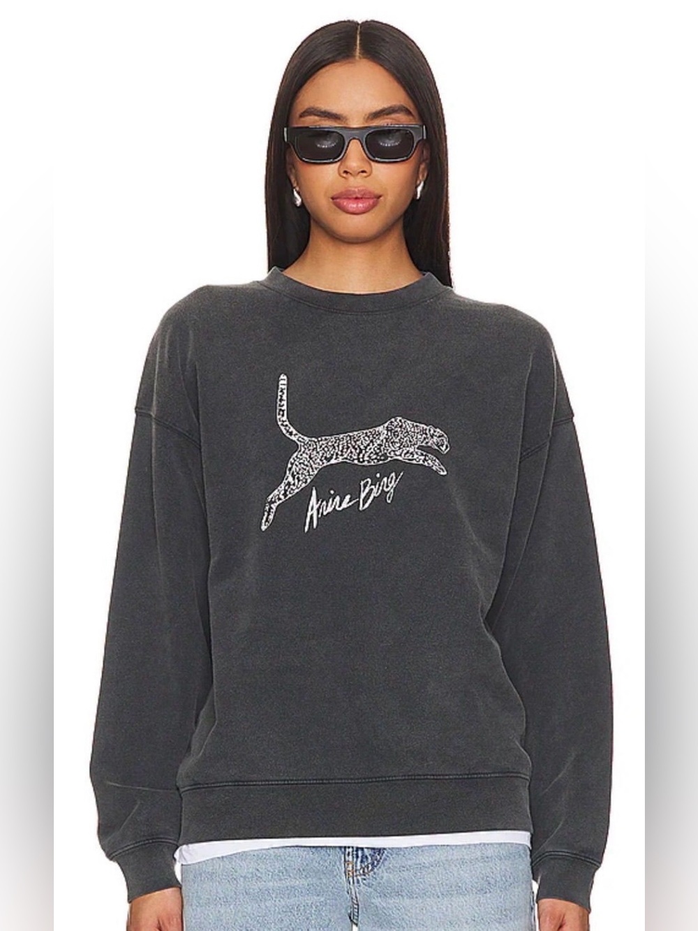 Anine Bing Black Logo Leopard Crewneck Sweatshirt